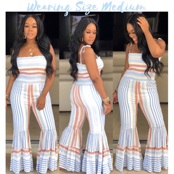 . The Sky’s The Limit Wide Leg Striped Tie Boho Jumpsuit - Picture 2 of 6